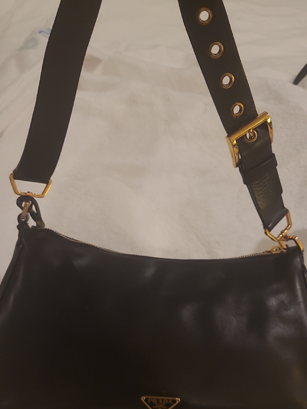 Prada Black Leather Shoulder Bag with Gold Accents